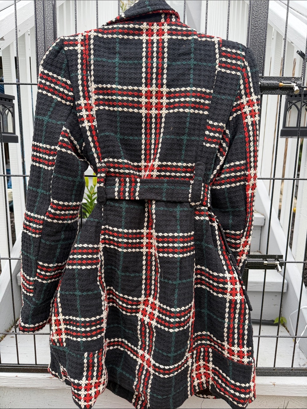 Plaid Belted Wool-Blend Trench Coat - blue, orange, green, Cream - Picture 7 of 7